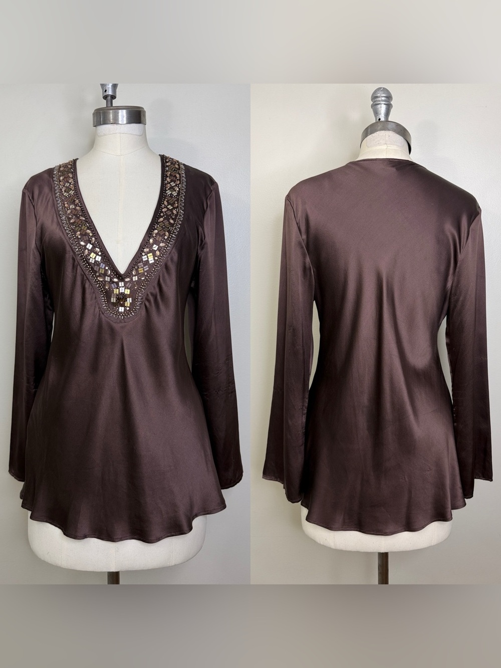 100% SILK LA SENZA EMBELLISHED V-NECK TUNIC BROWN SIZE LARGE